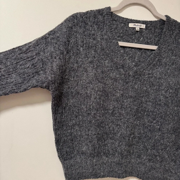 Madewell Alna V Neck Alpaca Blend Cable Knit Sweater Size Small Heather Gray - Picture 5 of 8